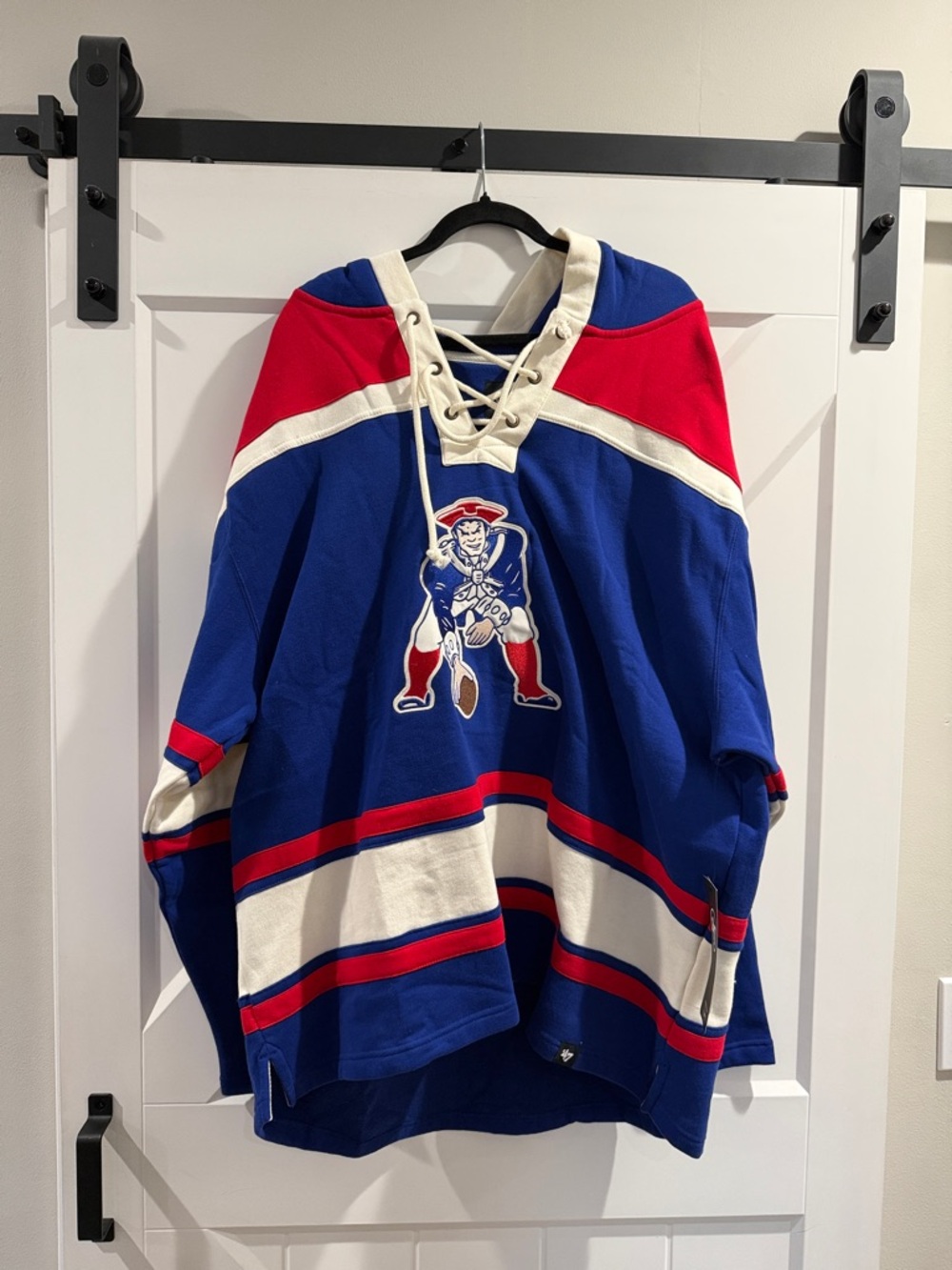 Men's Blue Red Lace-Up Hockey Pullover Hoodie